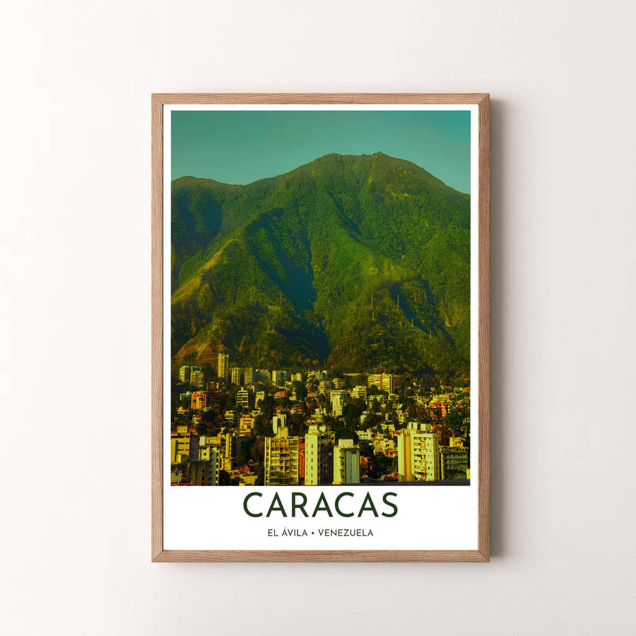 Modern cityscape travel artwork featuring a breathtaking view of Caracas buildings nestled against El Ávila National Park. Available in the MapYourDreams studio, this geographic print is offered as unframed archival paper, framed wall art, or gallery canvas wraps.