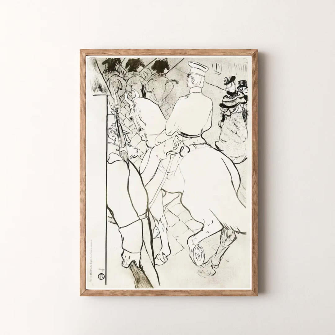 Decorative post-impressionist lithograph print of Babylone D’Allemagne (1894), Henri de Toulouse-Lautrec illustrating cavalrymen on horses in Berlin, Germany. MapYourDreams offers versatile framed prints, unframed paper wall decor, and gallery canvas print options for timeless spaces.