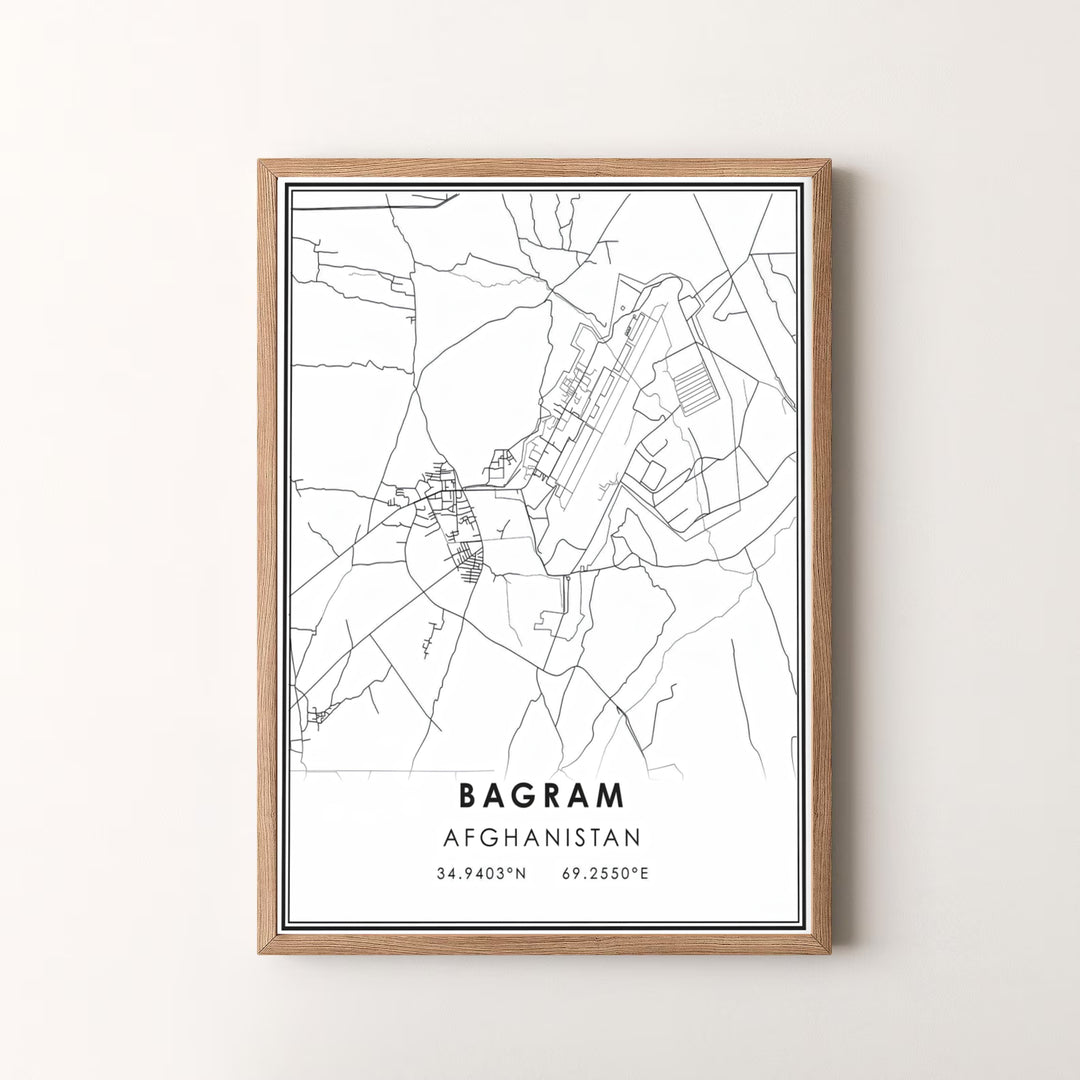 Geographic line cartography print of Bagram Afghanistan showcasing road networks and precise coordinates in black ink, offered by MapYourDreams as an unframed art print, gallery canvas print, or custom framed wall art in retro white and silver frame choices.