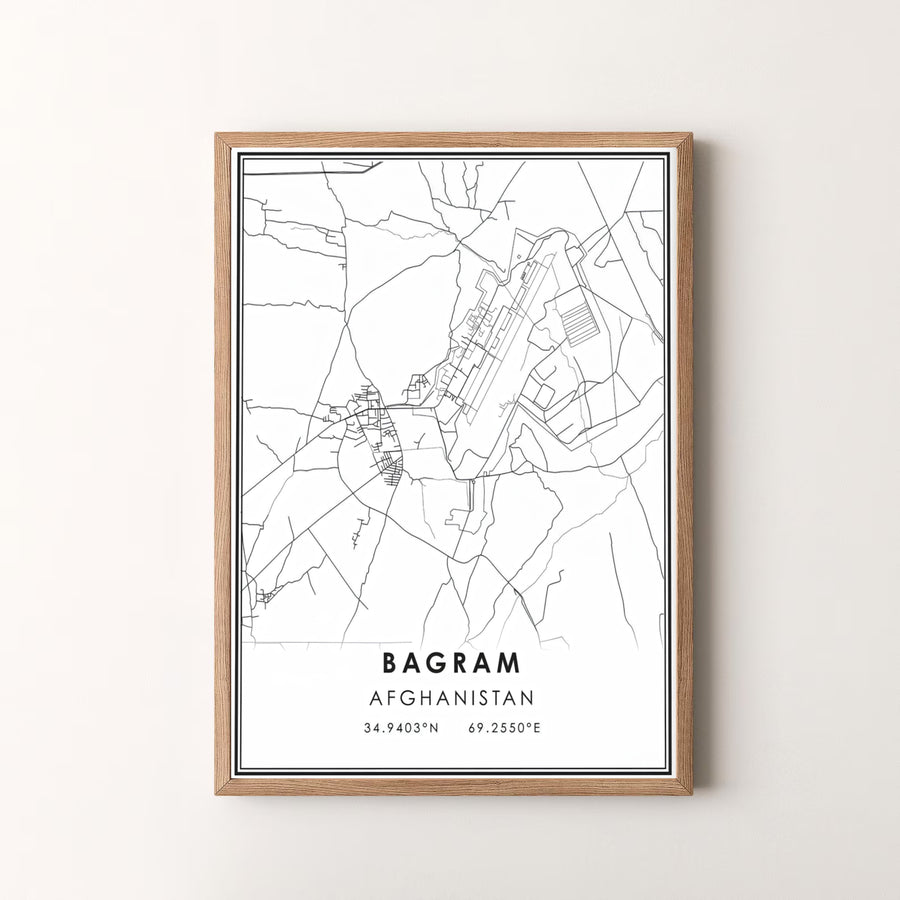 Geographic line cartography print of Bagram Afghanistan showcasing road networks and precise coordinates in black ink, offered by MapYourDreams as an unframed art print, gallery canvas print, or custom framed wall art in retro white and silver frame choices.