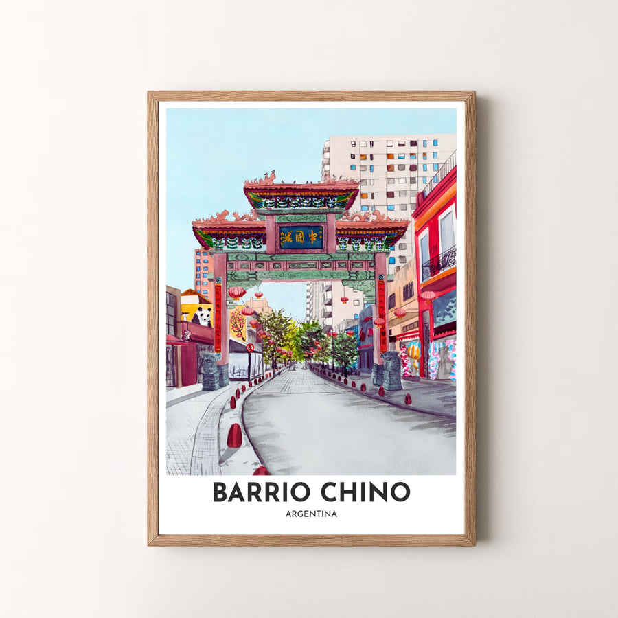 Minimalist bordered watercolor travel poster of Barrio Chino in Buenos Aires with clean title text and colorful watercolor archway artwork. Available in the MapYourDreams studio, this geographic print is offered as unframed archival paper, framed wall art, or gallery canvas wraps.