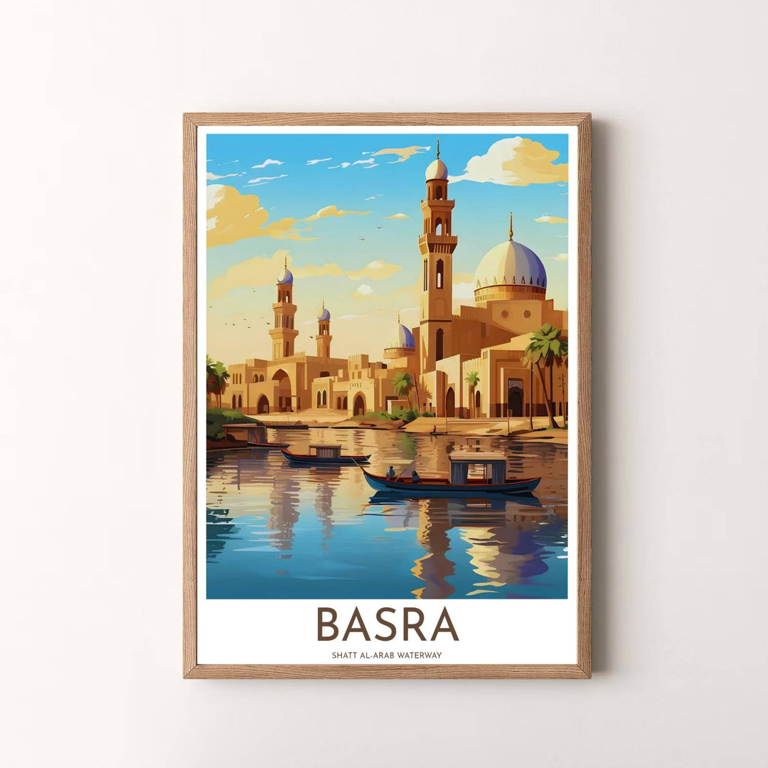 Retro travel wall art of Basra Iraq showcasing Shatt al-Arab waterway reflections and glowing sunset sky. Presented by MapYourDreams, this artwork is available in flexible options including unframed paper, custom wooden frames, and gallery canvas wraps for timeless wall decor.