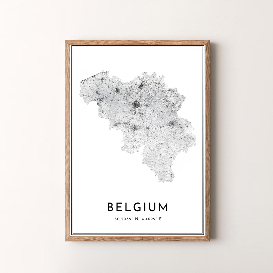 A modern black and white country map poster rendering the road geography of Belgium in sharp, high-resolution detail. Offered by MapYourDreams, this artwork is available in flexible options including unframed paper, custom wooden frames, and gallery canvas wraps.