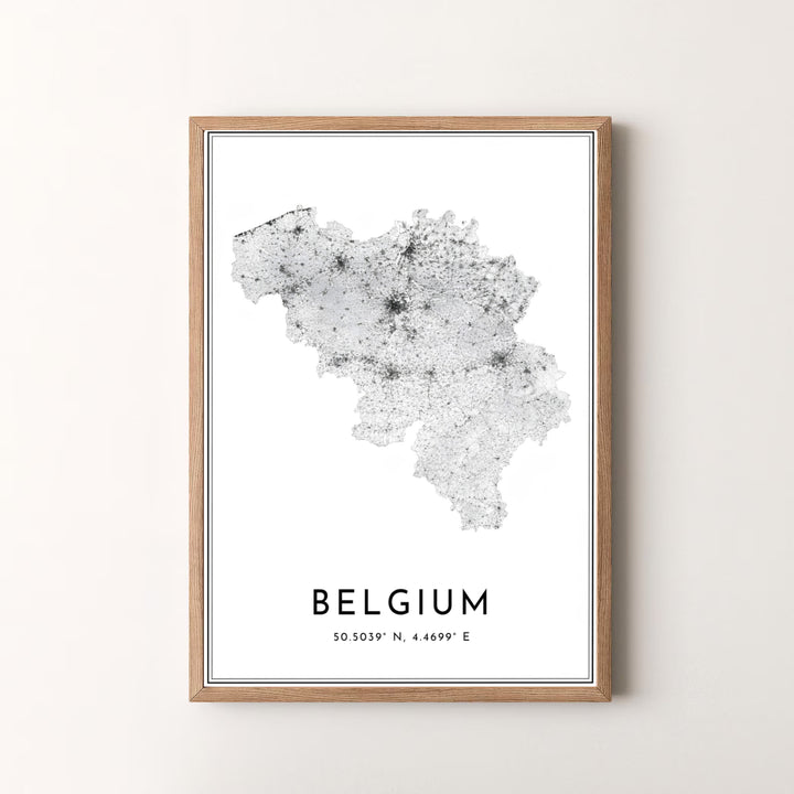 A modern black and white country map poster rendering the road geography of Belgium in sharp, high-resolution detail. Offered by MapYourDreams, this artwork is available in flexible options including unframed paper, custom wooden frames, and gallery canvas wraps.