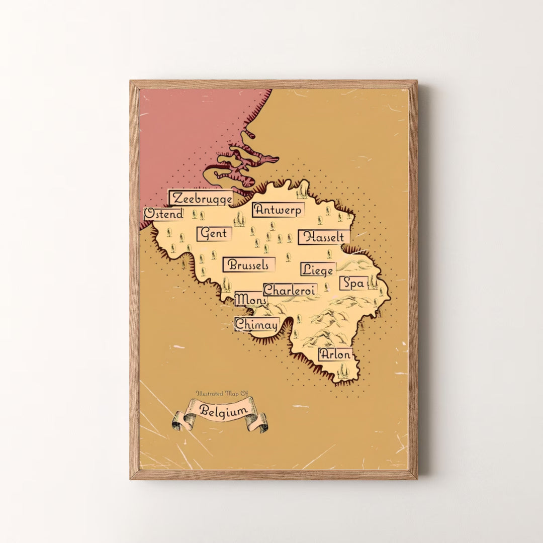 An illustrated sepia country map poster rendering the landmarks and cities of Belgium in timeless old-world artistic detail. Offered by MapYourDreams, this artwork is available in flexible options including unframed paper, custom wooden frames, and gallery canvas wraps.
