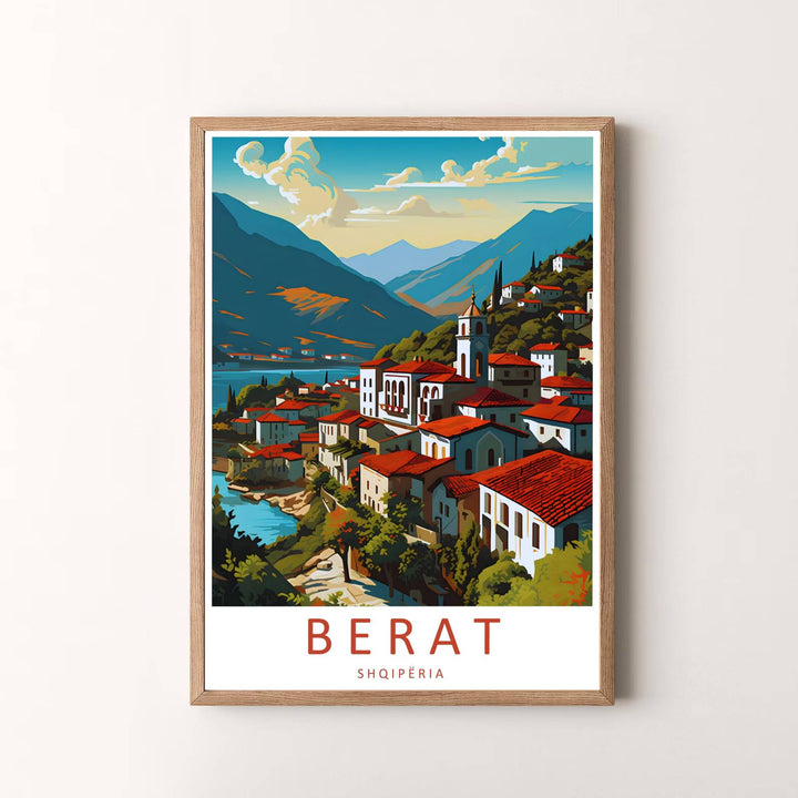 Highlighting the historic Ottoman hillside architecture of Berat Albania with red tiled roofs and mountain views, this travel poster celebrates the City of a Thousand Windows. Offered by MapYourDreams, this artwork is available in flexible options including unframed paper, custom wooden frames, and gallery canvas wraps.