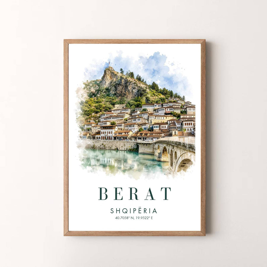 Highlighting the stone Gorica Bridge spanning the turquoise Osum River with Berat Castle atop the hill, this watercolor travel poster celebrates Albania. Offered by MapYourDreams, this artwork is available in flexible options including unframed paper, custom wooden frames, and gallery canvas wraps.