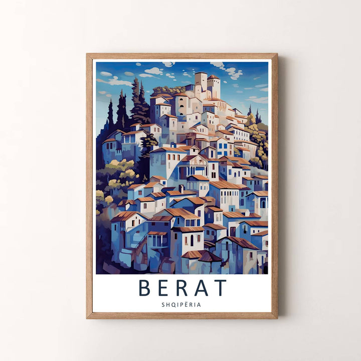 Premium travel poster depicting Berat Albania in cool blue and warm orange vector shades, designed to bring architectural beauty into your living space. Offered by MapYourDreams, this artwork is available in flexible options including unframed paper, custom wooden frames, and gallery canvas wraps.