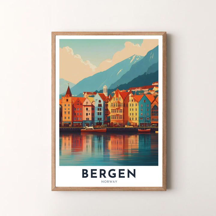 Scenic coastal view of Bryggen harbour in Bergen Norway rendered in warm orange, teal, and yellow tones with clean travel poster styling. Decorate your modern living area with this versatile print, offered as a fine art unframed print, gallery wrapped canvas, or elegant framed art piece.