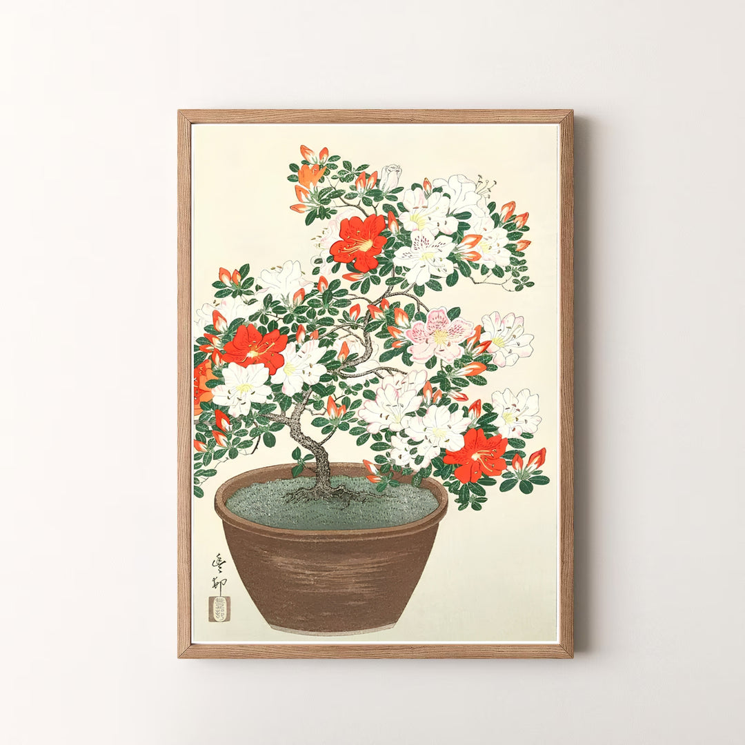 Beautiful Japanese woodblock print from c. 1920 featuring blooming azaleas in a brown pot inspired by Kamakura garden traditions. MapYourDreams offers versatile framed, unframed, and canvas options.