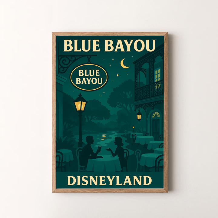 Bold Disney park art piece detailing dark teal trees, glowing lanterns, and classic New Orleans Square balconies at the Blue Bayou, available at MapYourDreams as an unframed print, a stretched canvas, or custom framing options to complement statement wall setups.