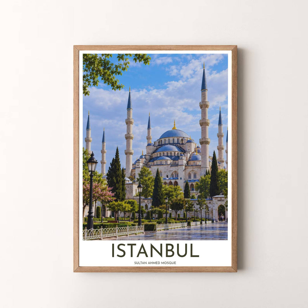 Vibrant travel wall art photograph of Istanbul Blue Mosque with green park foliage and crisp blue sky. Presented by MapYourDreams, this artwork is available in flexible options including unframed paper, custom wooden frames, and gallery canvas wraps for timeless wall decor.
