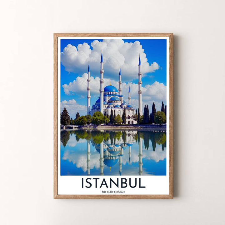 Vibrant travel wall art print of Istanbul Blue Mosque with clear water mirror image and green shoreline trees. Presented by MapYourDreams, this artwork is available in flexible options including unframed paper, custom wooden frames, and gallery canvas wraps for timeless wall decor.