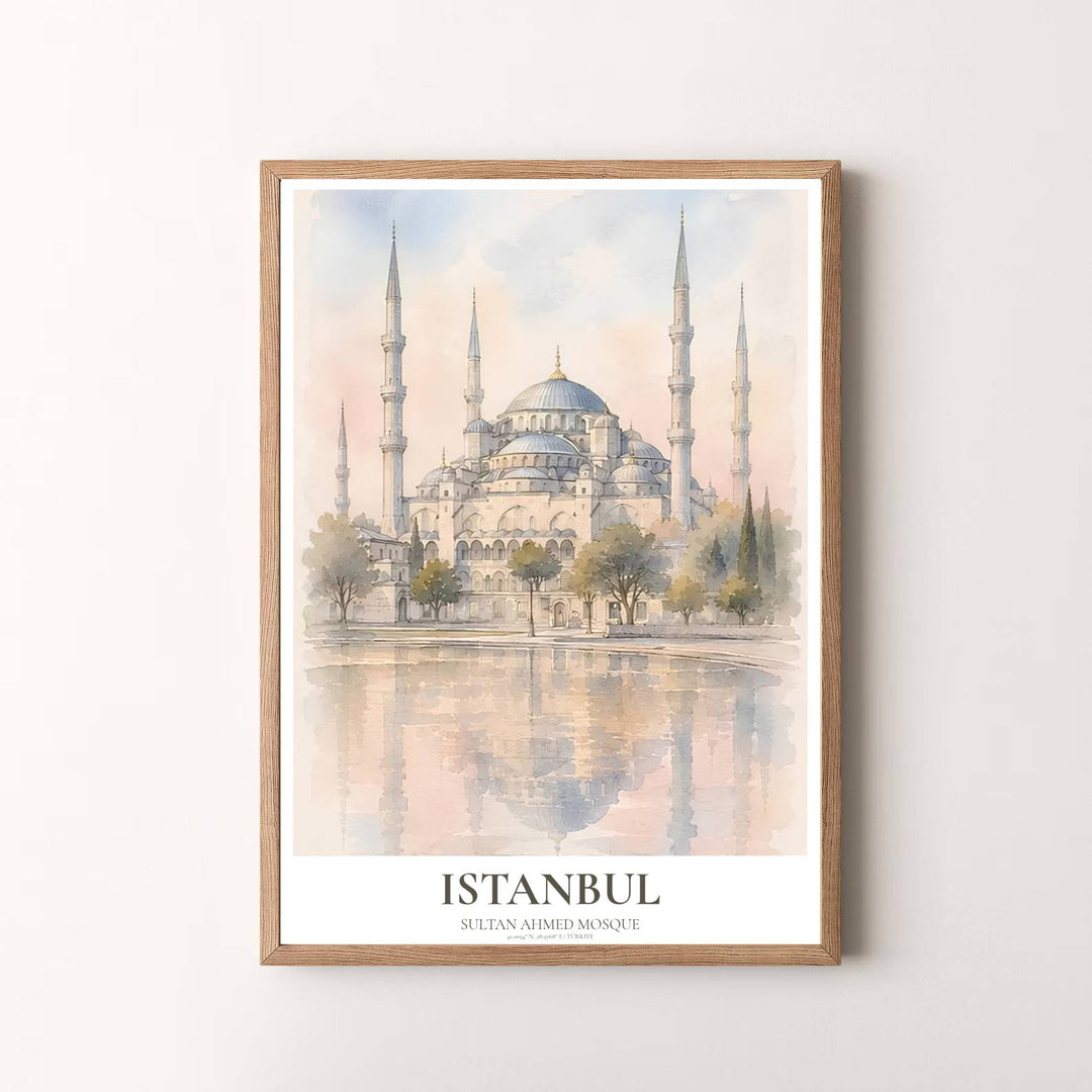 Pastel travel wall art print of Istanbul Blue Mosque with calm lake reflection and delicate foliage washes. Presented by MapYourDreams, this artwork is available in flexible options including unframed paper, custom wooden frames, and gallery canvas wraps for timeless wall decor.