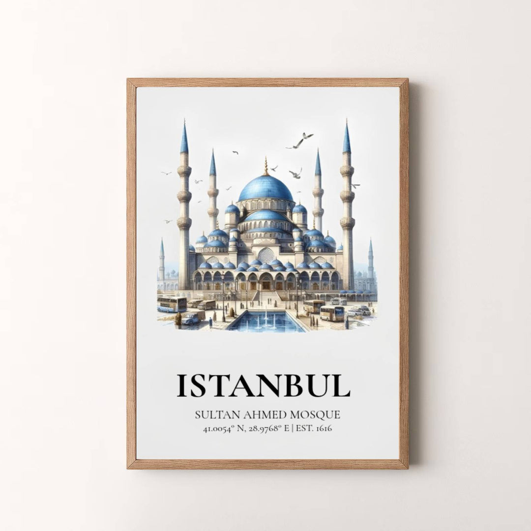 Minimalist travel wall art print of Istanbul Blue Mosque with clean typography and blue dome architectural washes. Presented by MapYourDreams, this artwork is available in flexible options including unframed paper, custom wooden frames, and gallery canvas wraps for timeless wall decor.