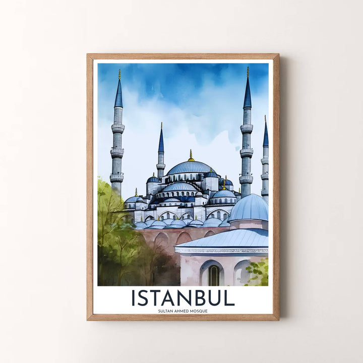 Blue Mosque Istanbul Watercolor Poster - Sultan Ahmed Mosque Travel Wall Art Print