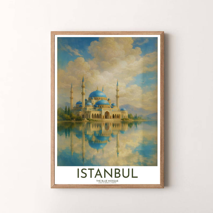 Luminescent travel wall art oil painting print of Istanbul Blue Mosque with golden clouds and serene water mirror image. Presented by MapYourDreams, this artwork is available in flexible options including unframed paper, custom wooden frames, and gallery canvas wraps for timeless wall decor.