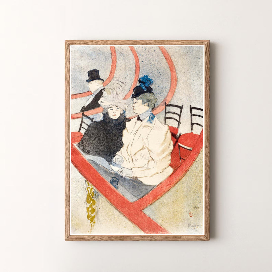 Decorative post-impressionist print of Box In The Grand Tier (1897), Henri de Toulouse-Lautrec illustrating figures in a balcony box in Paris, France. MapYourDreams offers versatile framed prints, unframed paper wall decor, and gallery canvas print options for elegant home walls.