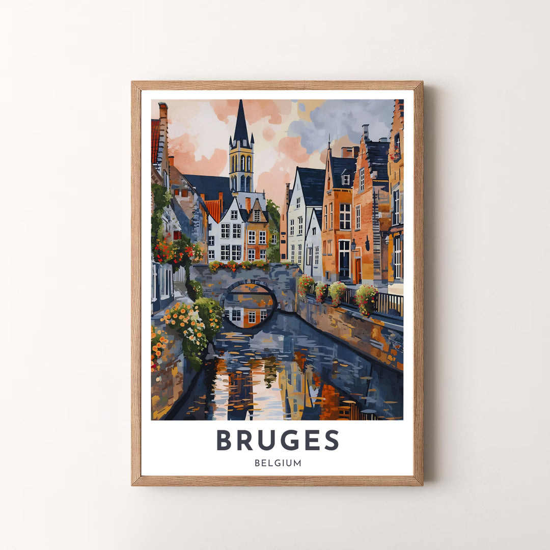 A modern vintage painted art poster depicting the romantic canal district of Bruges, Belgium, in beautiful impressionistic detail. Offered by MapYourDreams, this artwork is available in flexible options including unframed paper, custom wooden frames, and gallery canvas wraps.