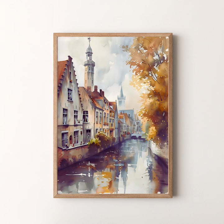 An elegant watercolor art poster depicting the romantic autumn canal district of Bruges, Belgium, in beautiful translucent detail. Offered by MapYourDreams, this artwork is available in flexible options including unframed paper, custom wooden frames, and gallery canvas wraps.