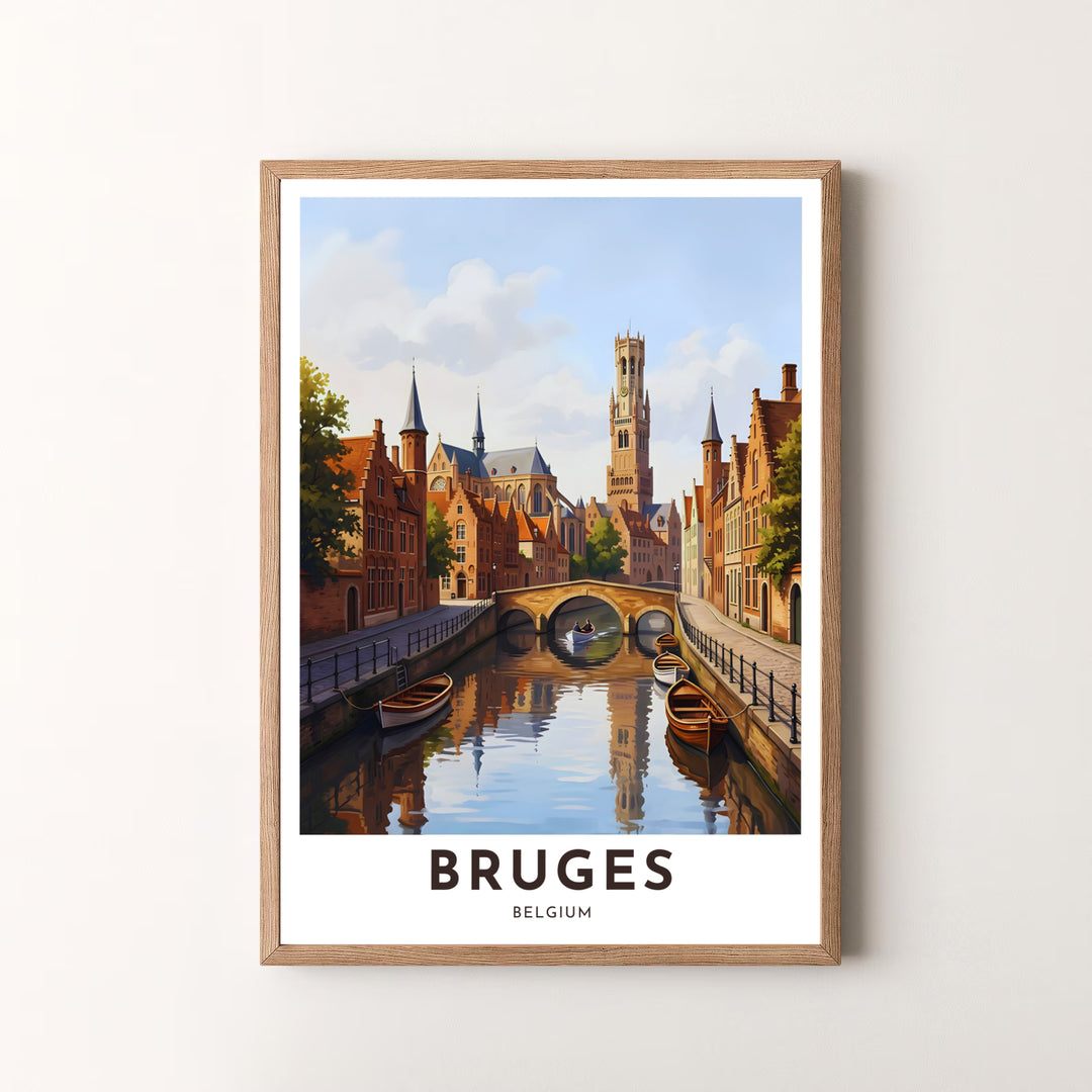 A modern city art poster depicting the famous Belfry and picturesque canal district of Bruges, Belgium, in striking illustrated detail. Offered by MapYourDreams, this artwork is available in flexible options including unframed paper, custom wooden frames, and gallery canvas wraps.