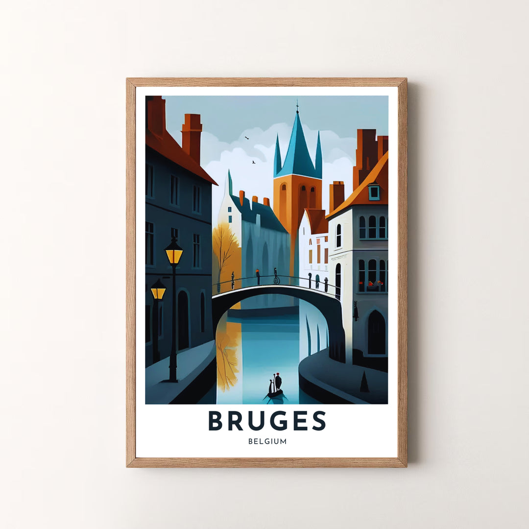 Sophisticated vector artwork focusing on Bruges, Belgium, capturing water reflections, stone arches, glowing gas lamps, and historic towers. Available in multiple presentation styles such as unframed paper prints, custom framed posters, and gallery stretched canvas.