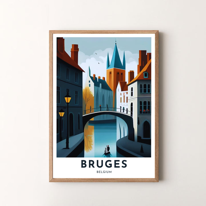 Sophisticated vector artwork focusing on Bruges, Belgium, capturing water reflections, stone arches, glowing gas lamps, and historic towers. Available in multiple presentation styles such as unframed paper prints, custom framed posters, and gallery stretched canvas.
