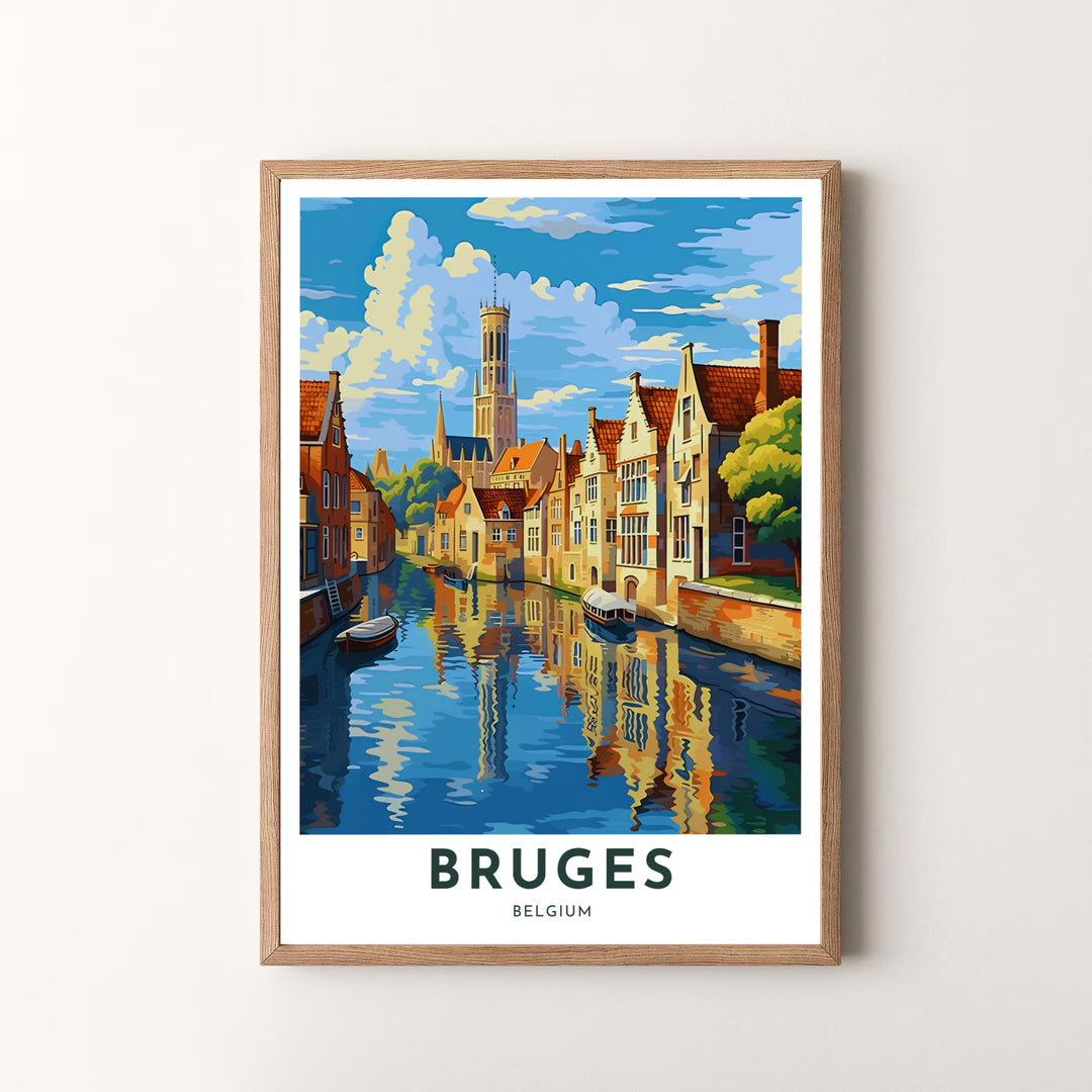 A modern city art poster depicting the famous Belfry and picturesque canal district of Bruges, Belgium, in striking graphic detail. Offered by MapYourDreams, this artwork is available in flexible options including unframed paper, custom wooden frames, and gallery canvas wraps.