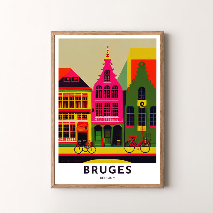 A modern graphic city poster depicting the colorful architecture and street culture of Bruges, Belgium, in striking saturated pop-art detail. Offered by MapYourDreams, this artwork is available in flexible options including unframed paper, custom wooden frames, and gallery canvas wraps.