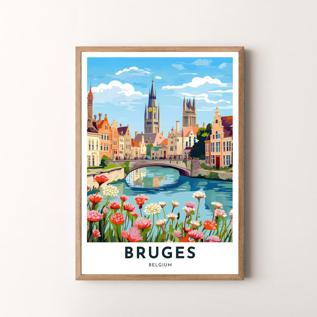 A vibrant vector landscape artwork capturing the scenic canal reflections and floral banks of Bruges, Belgium, beneath clear blue skies. Offered by MapYourDreams, this artwork is available in flexible options including unframed paper, custom wooden frames, and gallery canvas wraps.