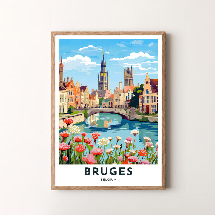 A vibrant vector landscape artwork capturing the scenic canal reflections and floral banks of Bruges, Belgium, beneath clear blue skies. Offered by MapYourDreams, this artwork is available in flexible options including unframed paper, custom wooden frames, and gallery canvas wraps.