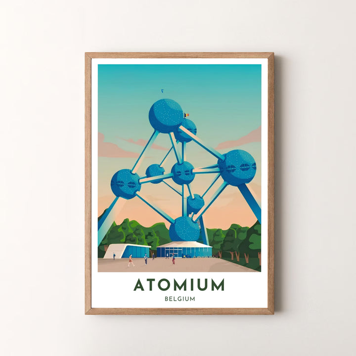 A vibrant vector architectural poster capturing the iconic structure and surrounding grounds of the Atomium in Brussels, Belgium, beneath clear skies. Offered by MapYourDreams, this artwork is available in flexible options including unframed paper, custom wooden frames, and gallery canvas wraps.