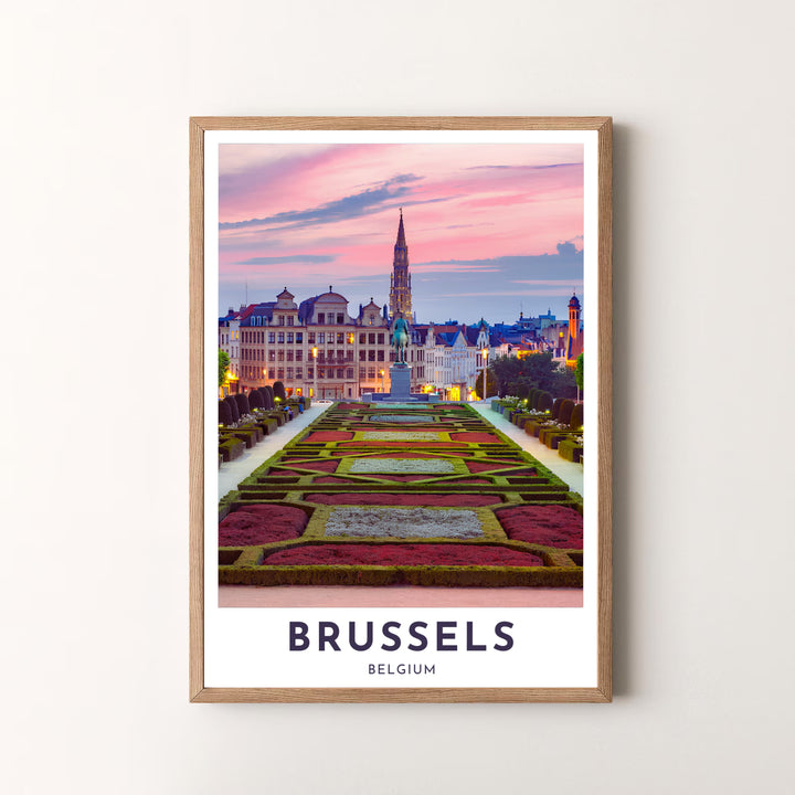 A vibrant landscape art print capturing the iconic view from Mont des Arts in Brussels, Belgium, featuring soft pastel clouds and manicured lawns. Offered by MapYourDreams, this artwork is available in flexible options including unframed paper, custom wooden frames, and gallery canvas wraps.