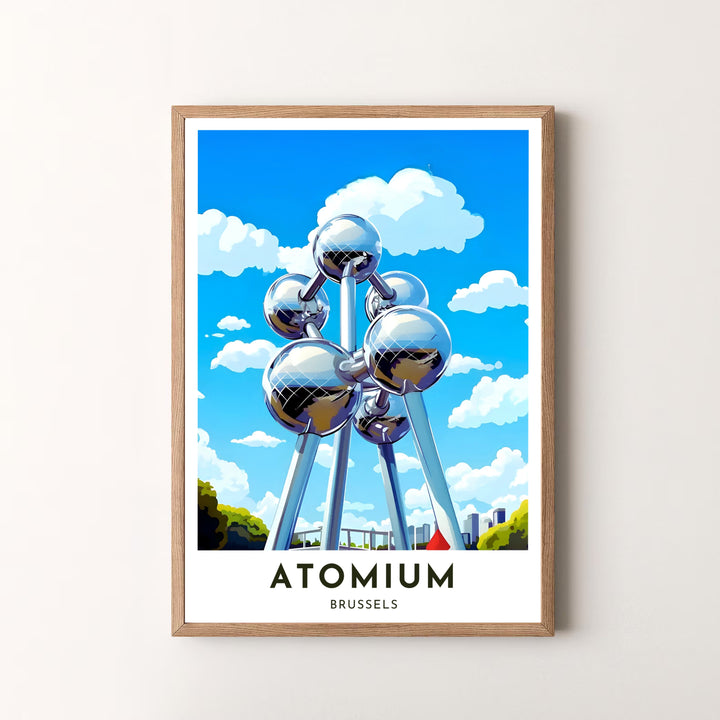 A vibrant graphic art print capturing the iconic view of the Atomium in Brussels, Belgium, featuring shiny metallic spheres and bright skies. Offered by MapYourDreams, this artwork is available in flexible options including unframed paper, custom wooden frames, and gallery canvas wraps.
