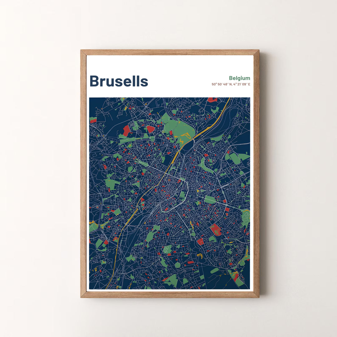A vibrant cartography print capturing the detailed street layout of Brussels, Belgium, set against a midnight navy background. Offered by MapYourDreams, this artwork is available in flexible options including unframed paper, custom wooden frames, and gallery canvas wraps.