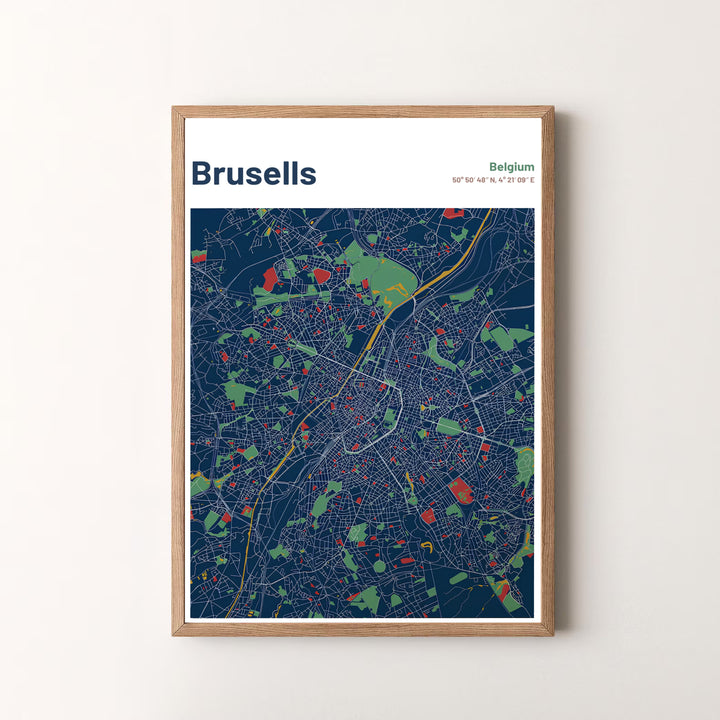 A vibrant cartography print capturing the detailed street layout of Brussels, Belgium, set against a midnight navy background. Offered by MapYourDreams, this artwork is available in flexible options including unframed paper, custom wooden frames, and gallery canvas wraps.