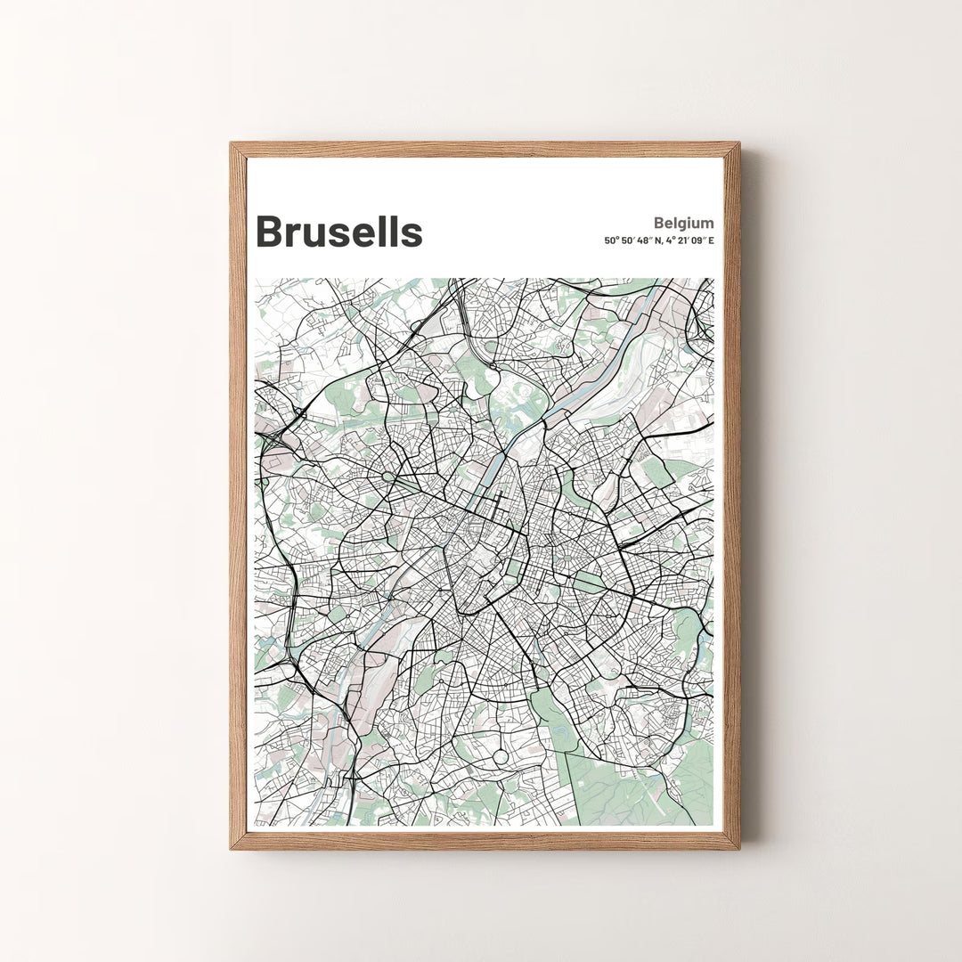 A vibrant cartography print capturing the detailed street layout of Brussels, Belgium, set against a bright white background with green park accents. Offered by MapYourDreams, this artwork is available in flexible options including unframed paper, custom wooden frames, and gallery canvas wraps.
