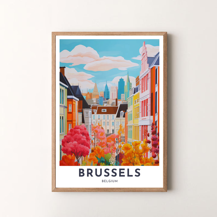 A lively city art print depicting the autumn beauty and historic facades of Brussels, Belgium, in a vibrant pastel color scheme. Offered by MapYourDreams, this artwork is available in flexible options including unframed paper, custom wooden frames, and gallery canvas wraps.