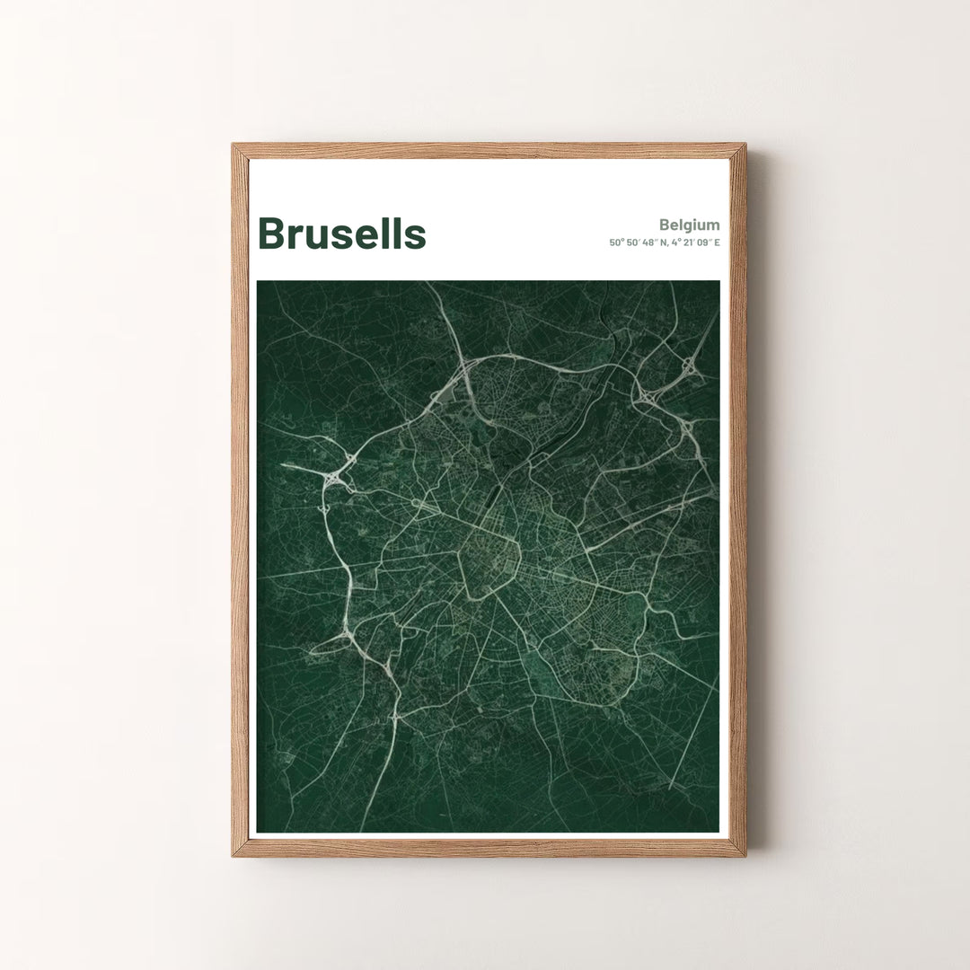 A vibrant cartography print capturing the detailed street layout of Brussels, Belgium, set against a dark emerald green background. Offered by MapYourDreams, this artwork is available in flexible options including unframed paper, custom wooden frames, and gallery canvas wraps.