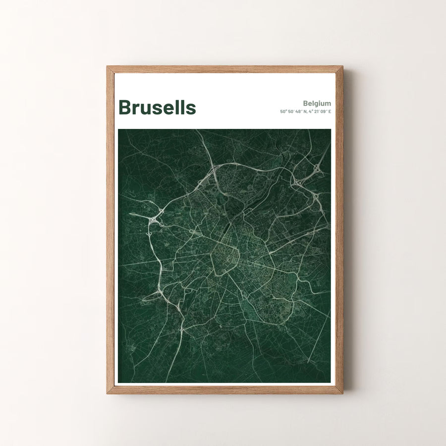 A vibrant cartography print capturing the detailed street layout of Brussels, Belgium, set against a dark emerald green background. Offered by MapYourDreams, this artwork is available in flexible options including unframed paper, custom wooden frames, and gallery canvas wraps.