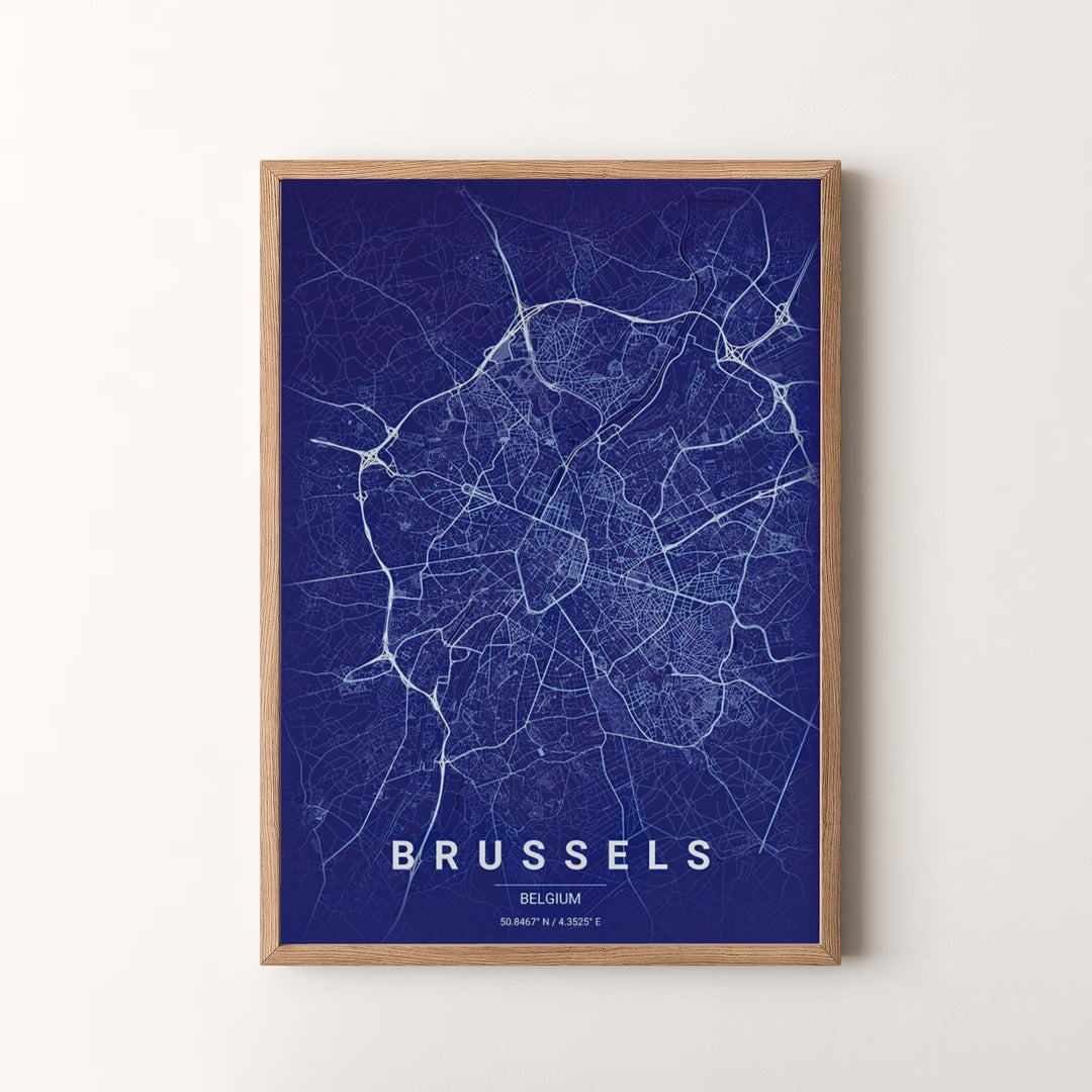 A striking cartography print capturing the detailed street layout of Brussels, Belgium, set against a classic navy blue background. Offered by MapYourDreams, this artwork is available in flexible options including unframed paper, custom wooden frames, and gallery canvas wraps.