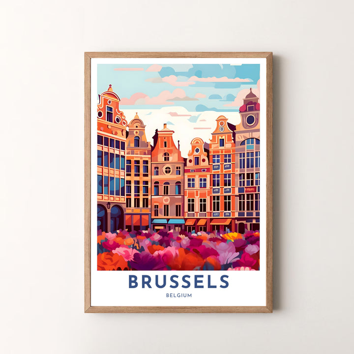 A striking pop art print illustrating the iconic guild house architecture of Brussels Grand Place in Belgium above vibrant magenta flowers. Offered by MapYourDreams, this artwork is available in flexible options including unframed paper, custom wooden frames, and gallery canvas wraps.