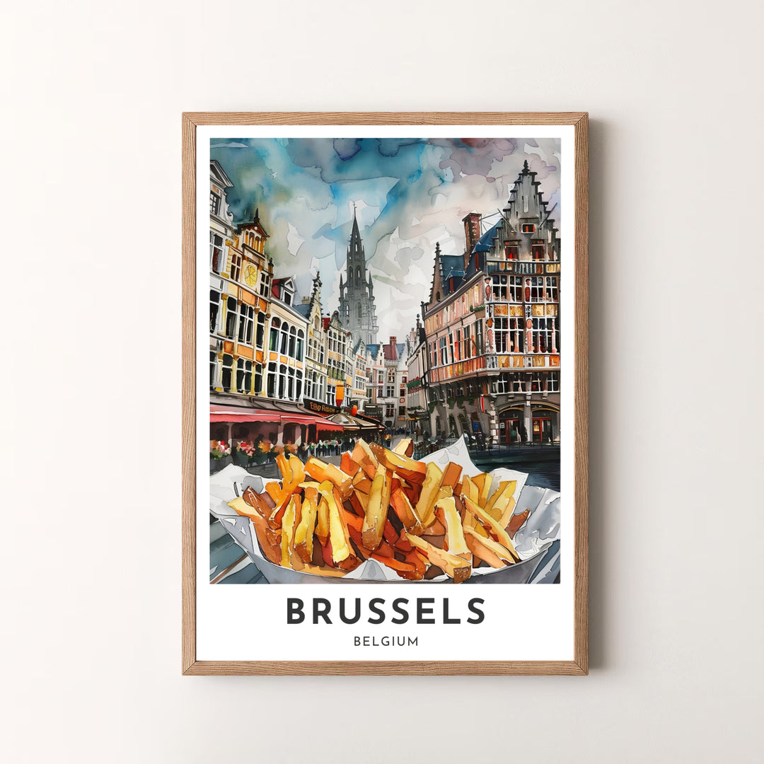 A striking watercolor art print showcasing delicious Belgian frites set against the historic stone facades of Brussels Grand Place in Belgium. Offered by MapYourDreams, this artwork is available in flexible options including unframed paper, custom wooden frames, and gallery canvas wraps.