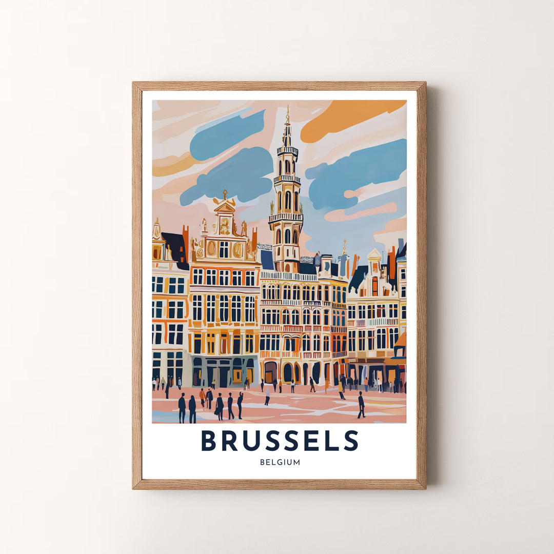 A striking pastel pop art print illustrating the iconic guild house architecture and Town Hall spire of Brussels Grand Place in Belgium. Offered by MapYourDreams, this artwork is available in flexible options including unframed paper, custom wooden frames, and gallery canvas wraps.