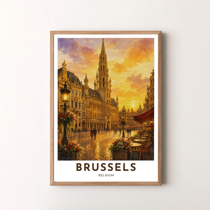 A striking golden hour art print showcasing the detailed Gothic architecture and glowing street lamps of Brussels Grand Place in Belgium. Offered by MapYourDreams, this artwork is available in flexible options including unframed paper, custom wooden frames, and gallery canvas wraps.