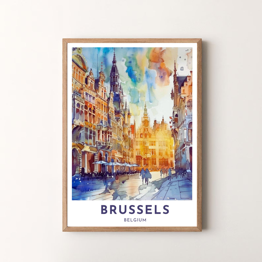 A striking watercolor art print showcasing the ornate architecture and vibrant cobalt skies of Brussels Grand Place in Belgium. Offered by MapYourDreams, this artwork is available in flexible options including unframed paper, custom wooden frames, and gallery canvas wraps.
