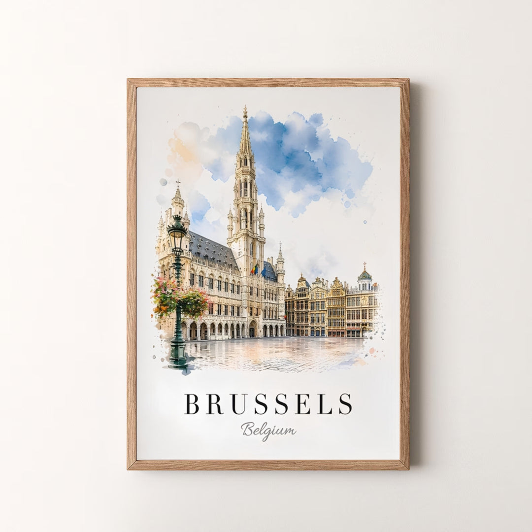 A striking watercolor art print showcasing the detailed Town Hall spire and soft sky blue washes of Brussels Grand Place in Belgium. Offered by MapYourDreams, this artwork is available in flexible options including unframed paper, custom wooden frames, and gallery canvas wraps.