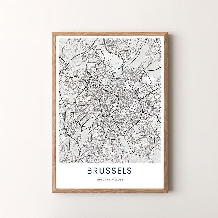 A striking black and white map print illustrating the full urban grid and latitude/longitude coordinates of Brussels in Belgium. Offered by MapYourDreams, this artwork is available in flexible options including unframed paper, custom wooden frames, and gallery canvas wraps.
