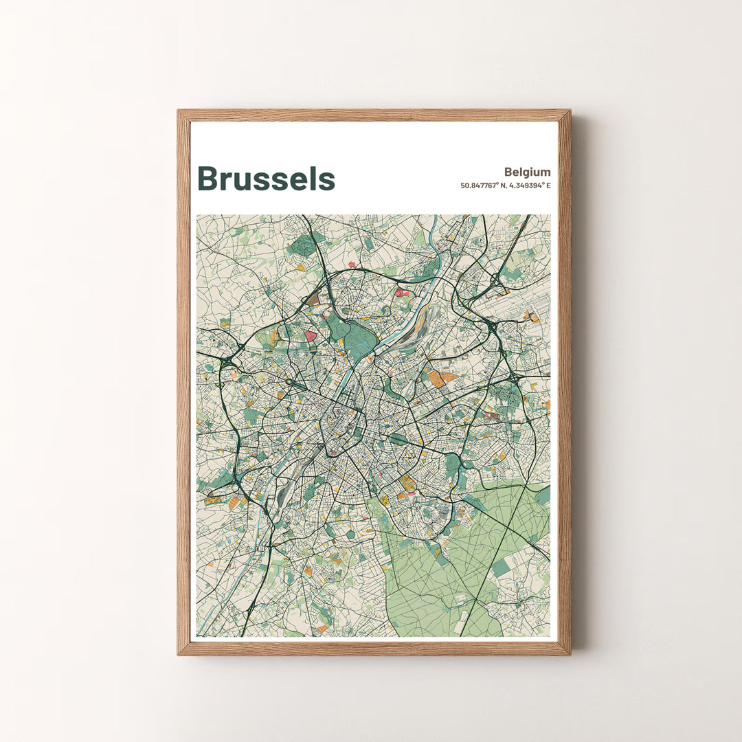 Sophisticated European map decor illustrating the street plan and cartographic beauty of Brussels in Belgium. Available in multiple presentation styles such as unframed paper prints, custom framed posters, and gallery stretched canvas.