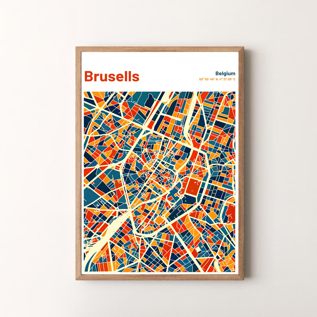 A colorful modern map print illustrating the full urban grid and latitude/longitude coordinates of Brussels in Belgium. Offered by MapYourDreams, this artwork is available in flexible options including unframed paper, custom wooden frames, and gallery canvas wraps.